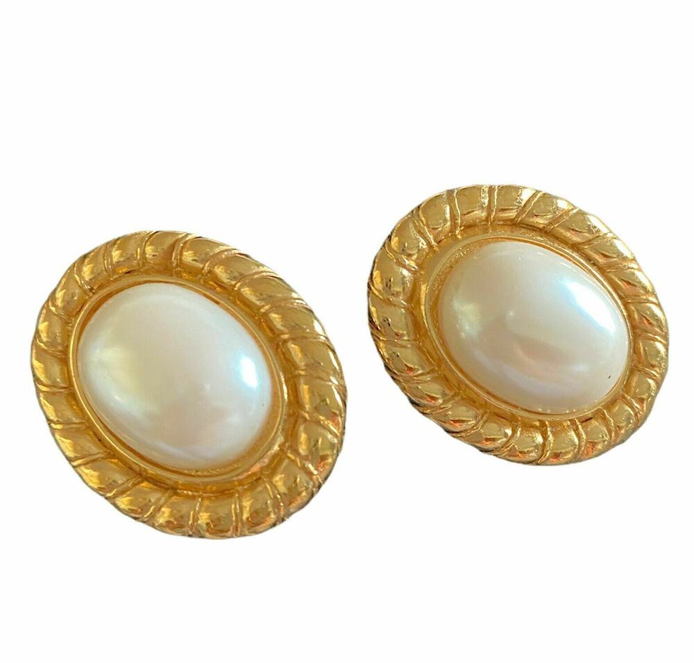 Vintage Carolee Gold Tone Faux Pearl Oval Cabochon Clip-On Earrings
